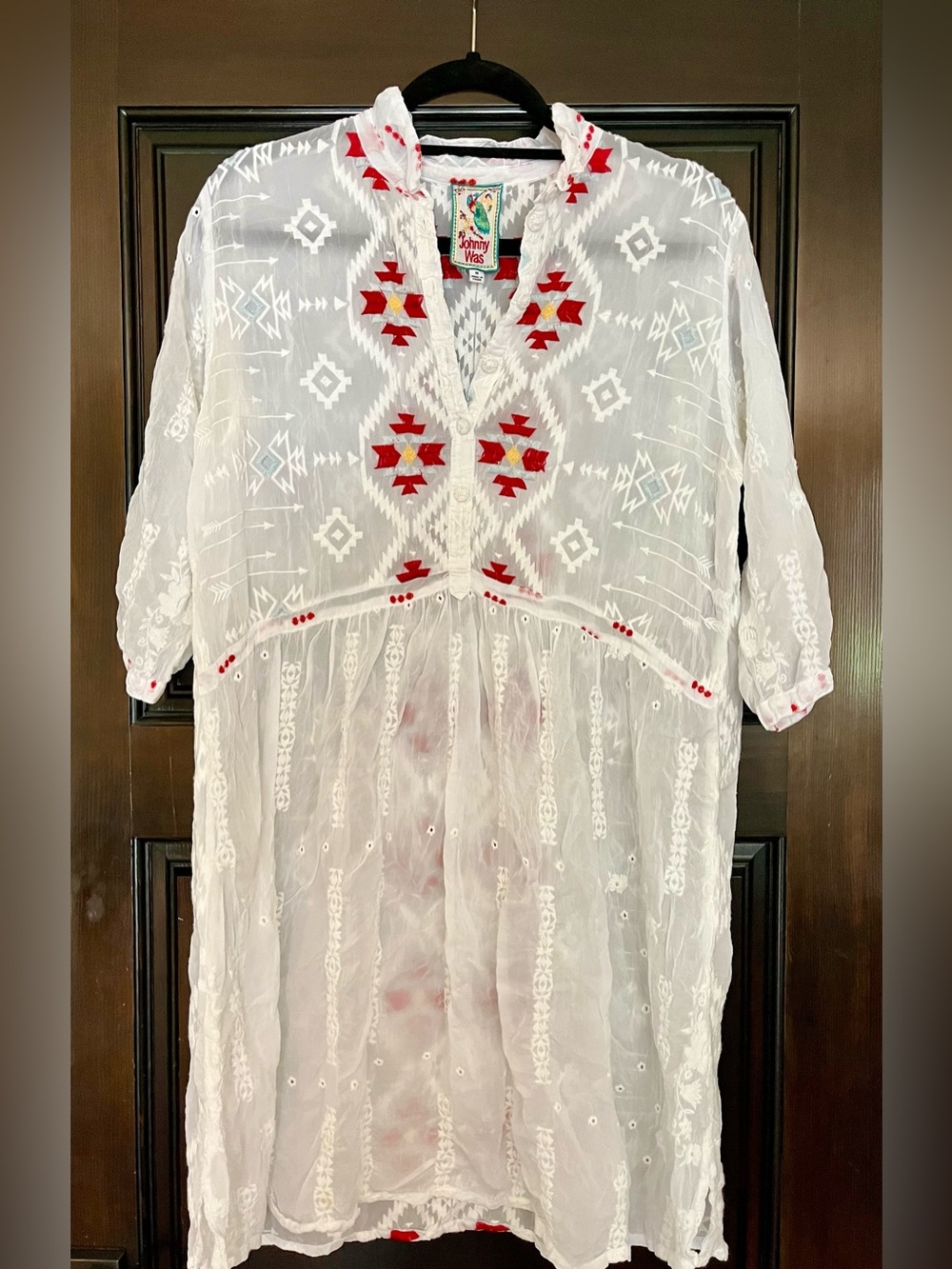 Johnny Was White Pocca Tunic Dress with Red  Embroidery Size Medium